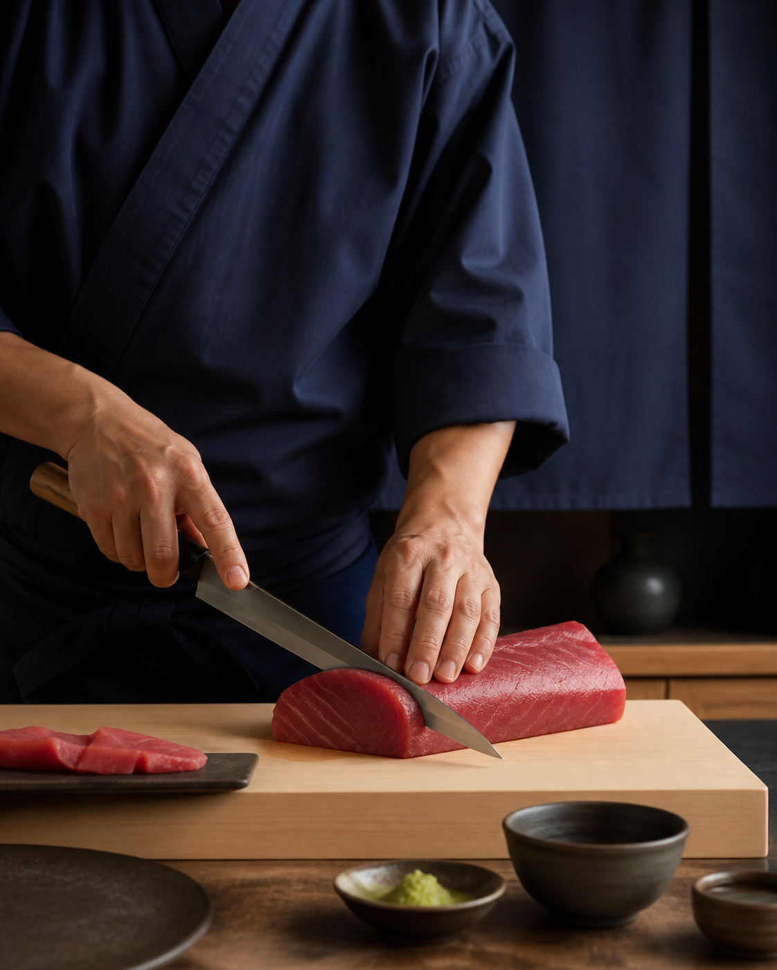 Sushi chef slicing fresh tuna at the counter
