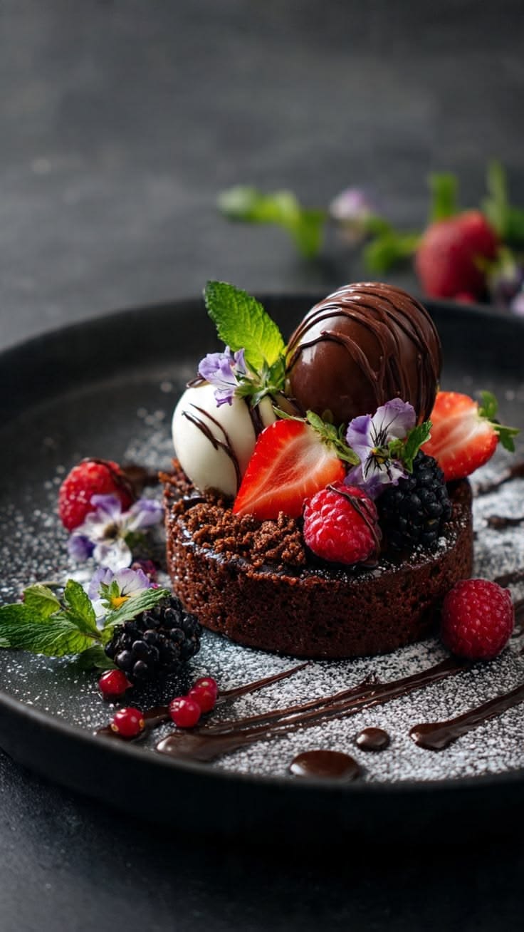 Chocolate dessert with berries and edible flowers